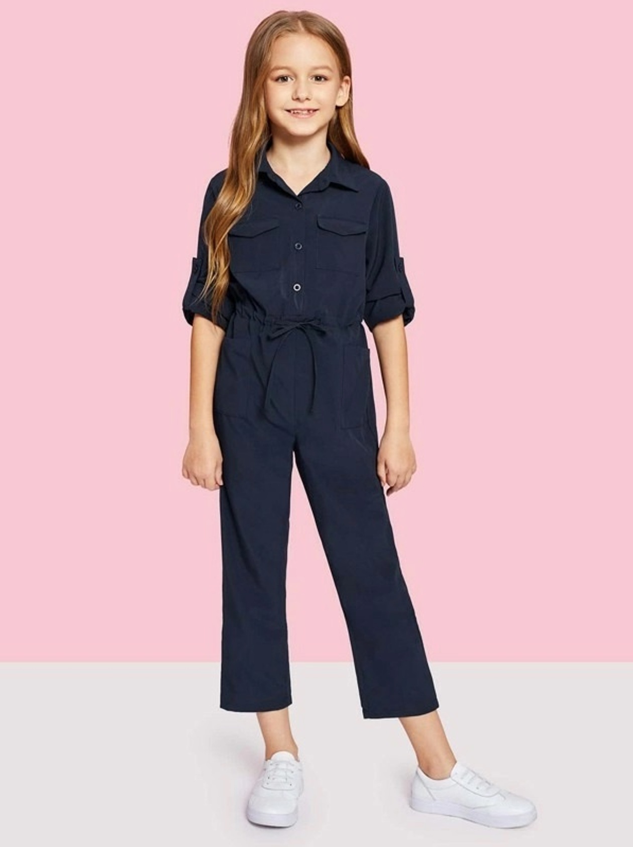 

Однотонный комбинезон на пуговицах для девочек Shein 181005726 120 cm (91824120cm) темный синий