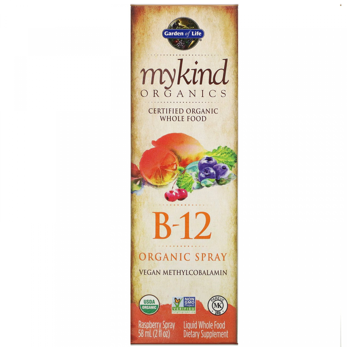 

Органический спрей с витамином B-12, со вкусом малины, MyKind Organics, Garden of Life, 2 унции (58 мл)