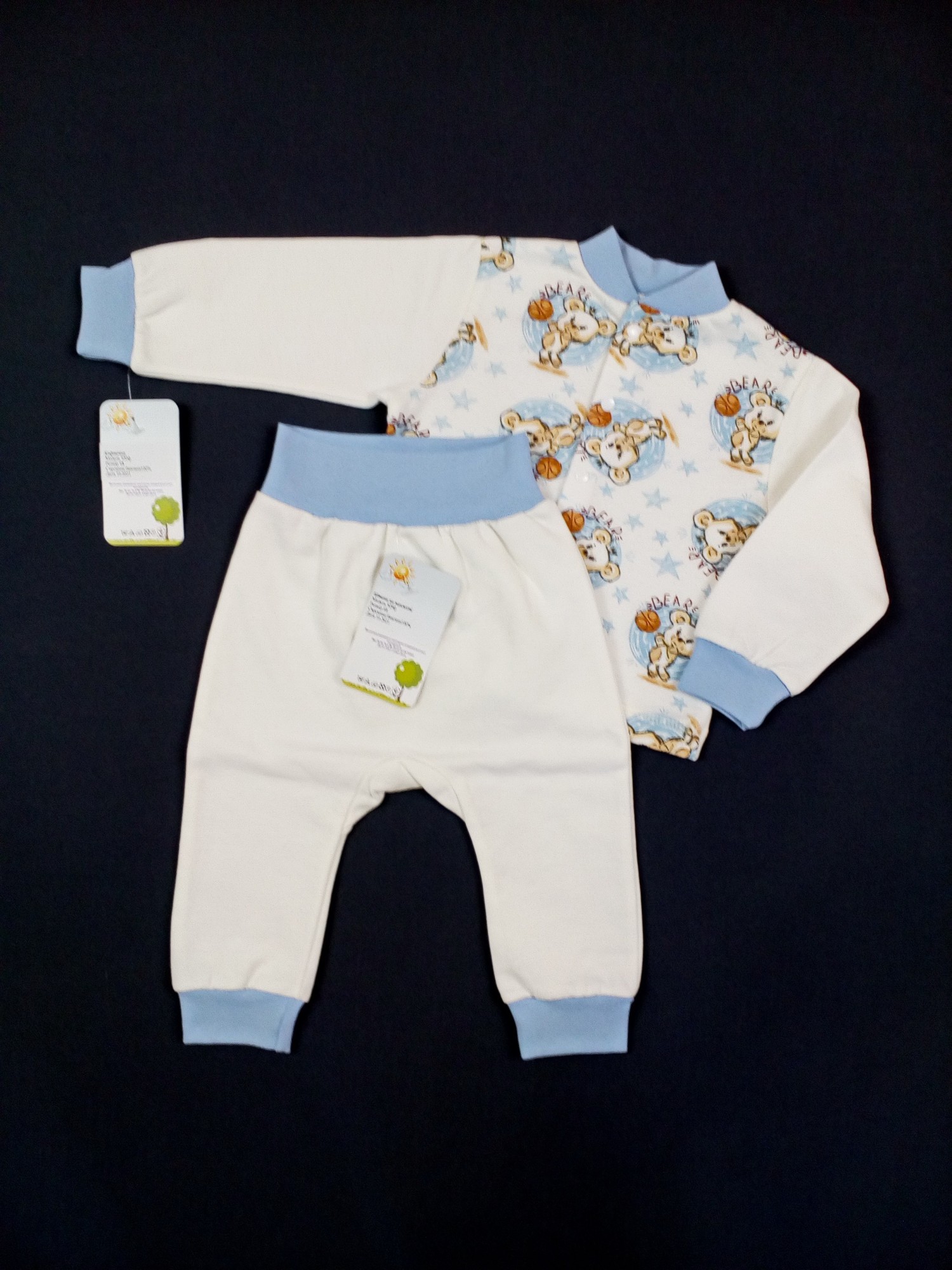 

Комплект из футера кофточка + штанишки HappyTot Bear 80см молочный с голубым 930фН