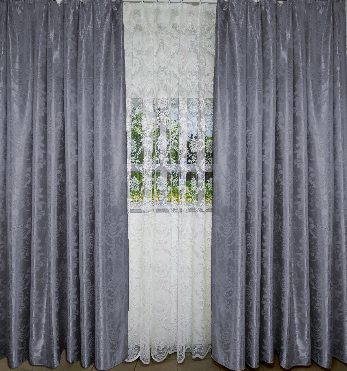 

Комплект Штор Блэкаут двусторонняя цветы тёмно-серый 250х250