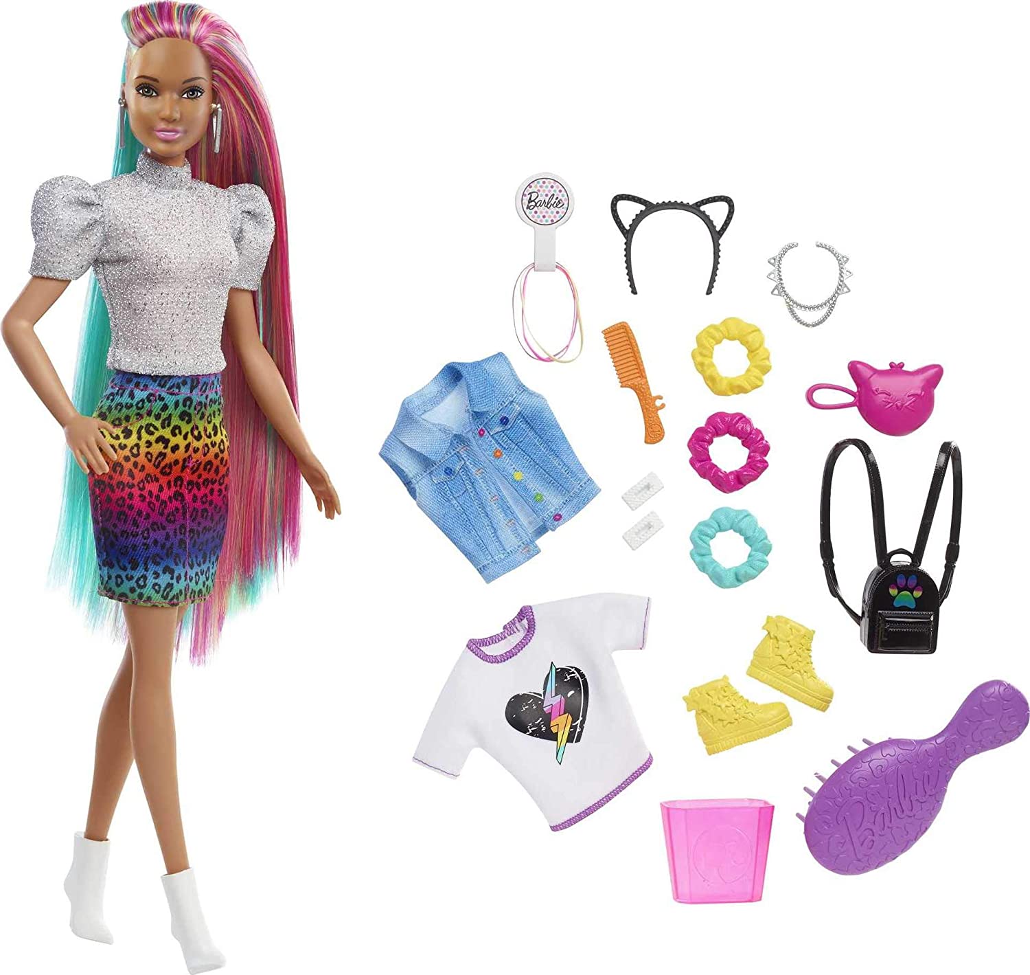 

Кукла Барби Радужно-леопардовые волосы Barbie Leopard Rainbow Hair Doll, Brunette (HCV99)