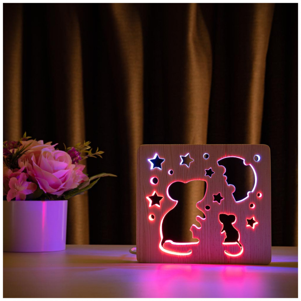 

Светильник ночник ArtEco Light с дерева LED "Мышки с сыром" с пультом и регулированием цвета, двойной RGB