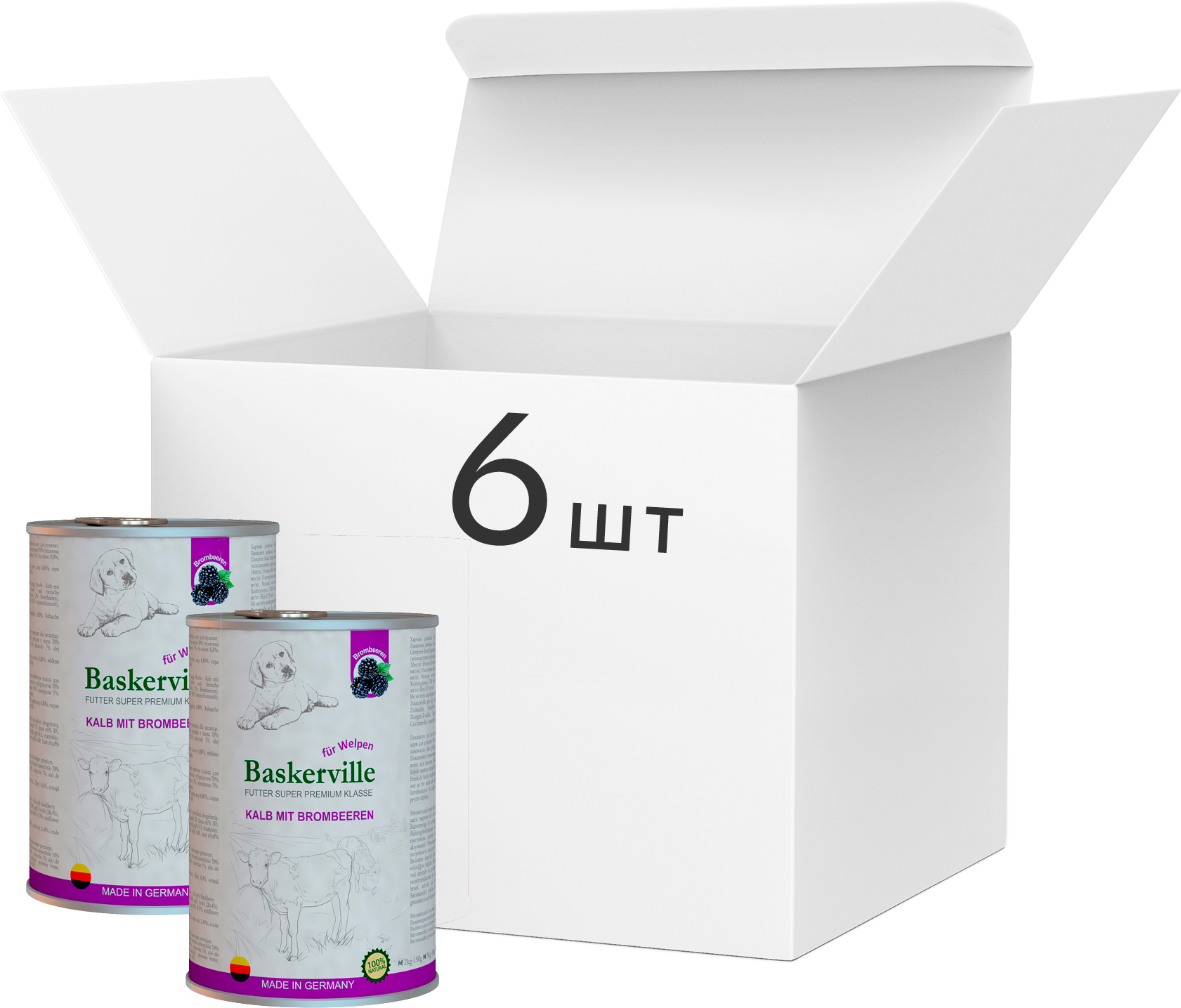 

Упаковка влажного корма для собак Baskerville Super Premium Kalb Mit Brombeeren Телятина и ежевика 800 г 6 шт (4250231541919-6)