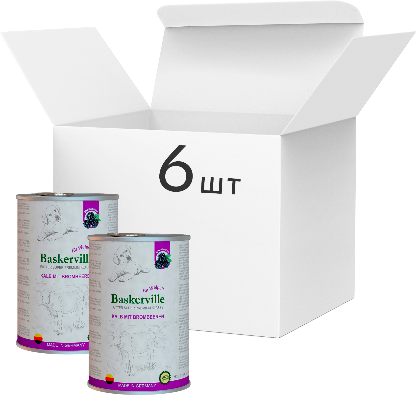 

Упаковка влажного корма для собак Baskerville Super Premium Kalb Mit Brombeeren Телятина и ежевика 400 г 6 шт (4250231541773-6)