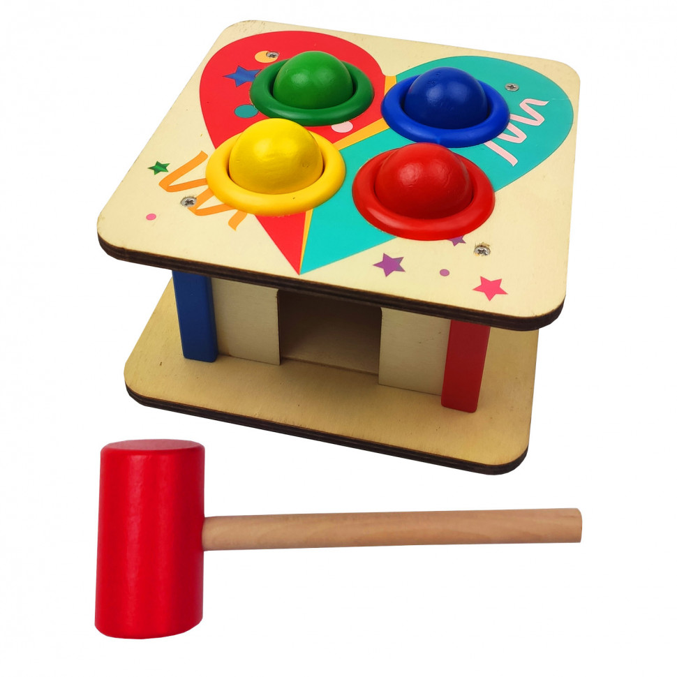 

Деревянная развивающая игрушка Стучалка молоточек, 4 шарика (Сердечко) MD 1560-2