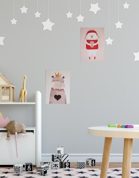 

2 постера "Мишка с кофе" и "Бегемот с короной", холст на подрамнике 250х350мм Frames Posters Decor