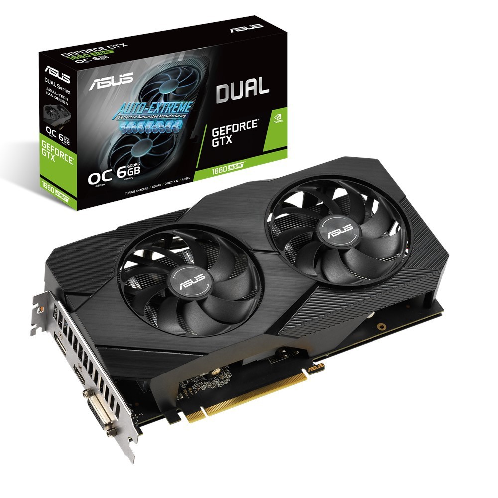 

Видеокарта Asus, GeForce GTX 1660 SUPER, DUAL EVO OC, 6Gb GDDR6, 192-bit, DVI/HDMI/DP, 1860/14002 MHz, 8-pin (DUAL-GTX1660S-O6G-EVO)