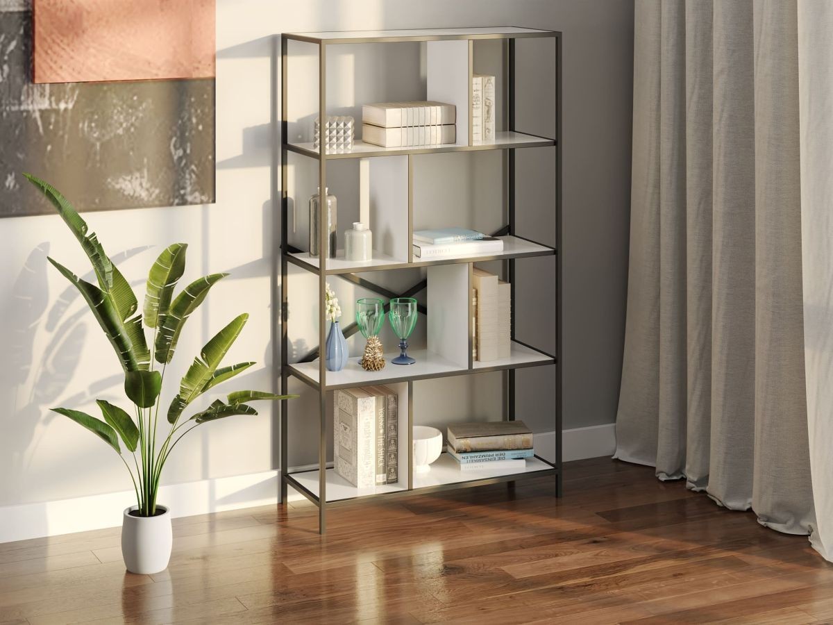 

Стеллаж-перегородка с металлическим каркасом в стиле Лофт (Loft) DrevoGoods усиленный, напольный / пристенный для дома и офиса с 5 полками для книг и вещей на 8 ячеек 1505х800х330мм; металл: Черный; дерево: Белый