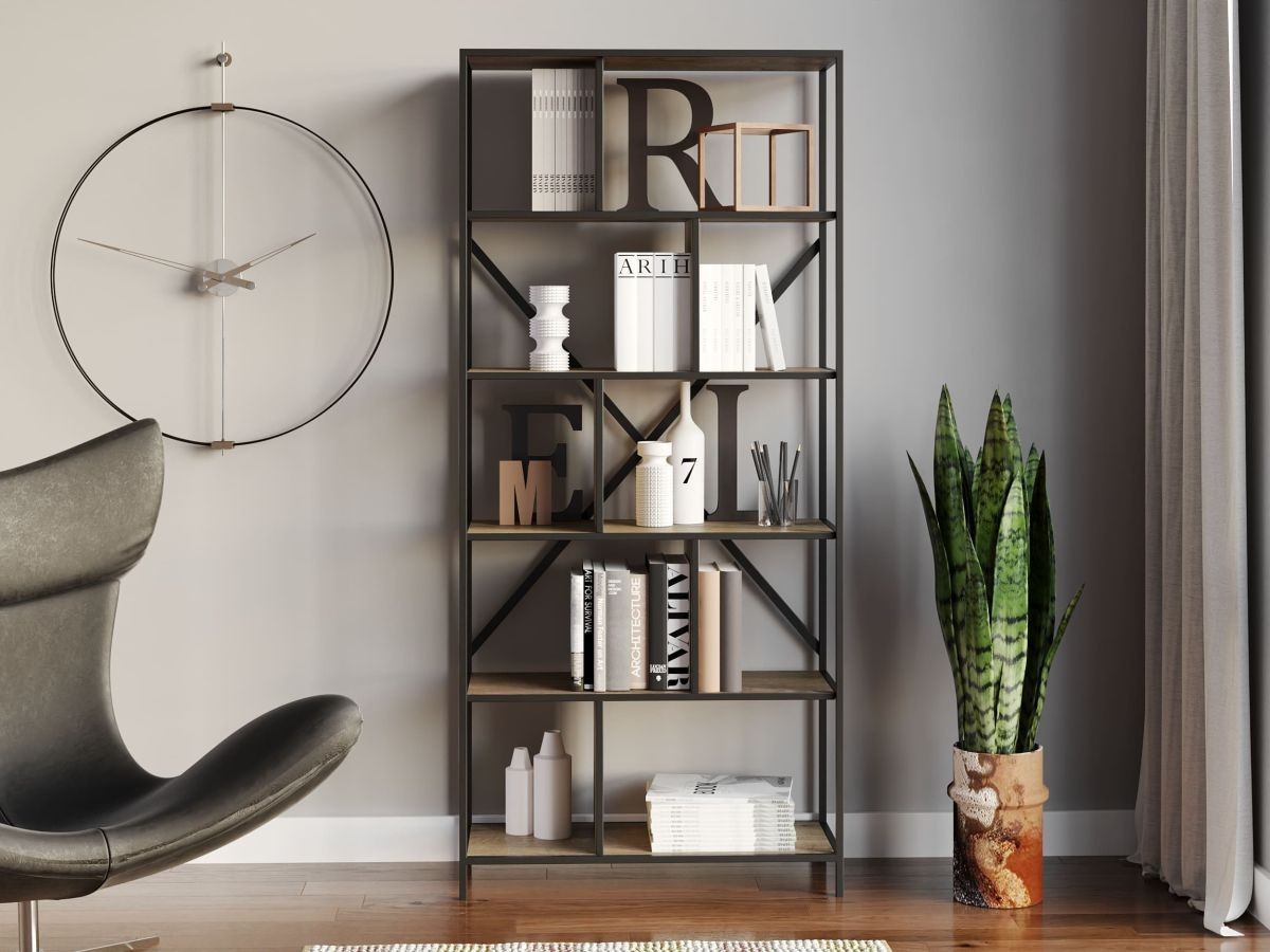 

Стеллаж-перегородка с металлическим каркасом в стиле Лофт (Loft) DrevoGoods усиленный, напольный / пристенный для дома и офиса с 6 полками для книг и вещей на 10 ячеек 1855х800х330мм; металл: Черный; дерево: Аликанте темный