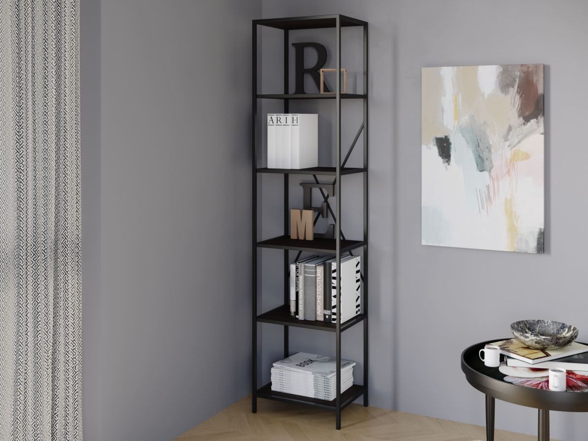 

Стеллаж-перегородка с металлическим каркасом в стиле Лофт (Loft) DrevoGoods узкий, усиленный, напольный / пристенный для дома и офиса с 6 полками для книг и вещей 1855х400х330мм; металл: Черный; дерево: Венге