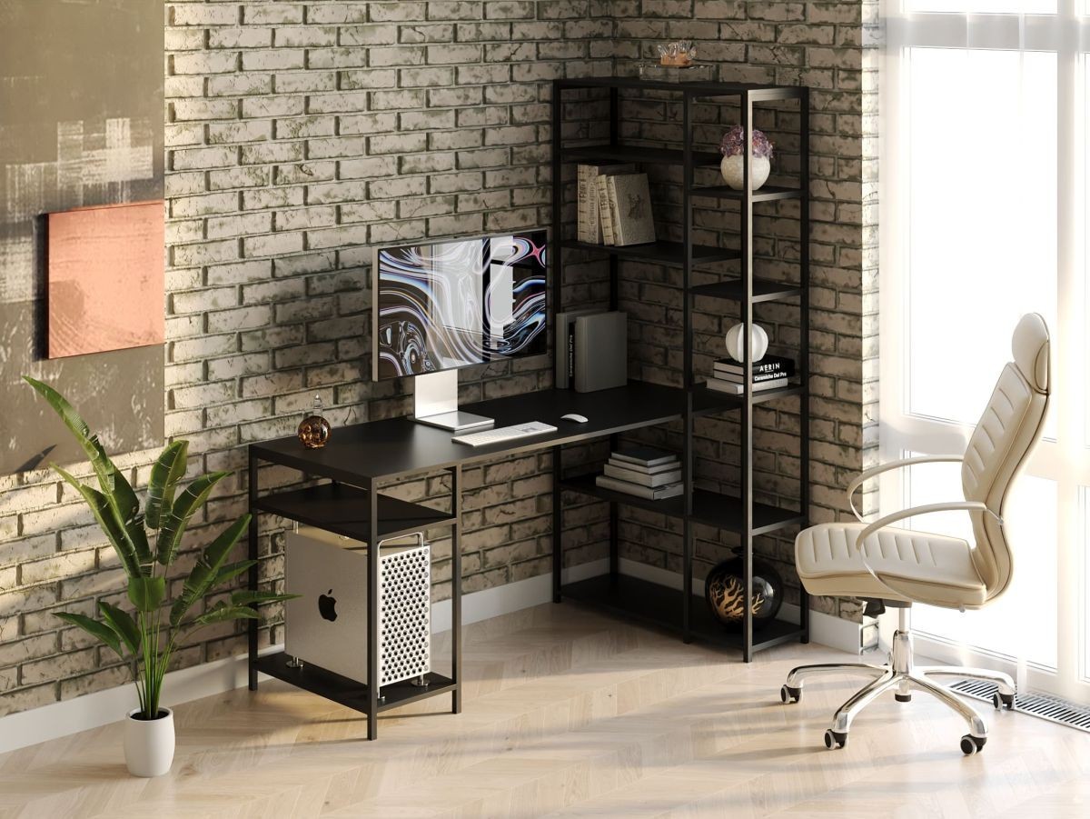 

Стол компьютерный письменный с металлическим каркасом в стиле Лофт (Loft) DrevoGoods с полкой под системный блок усиленный, прямой, рабочий для дома и офиса 1400х1800х900мм; металл: Черный; дерево: Черный + стеллаж