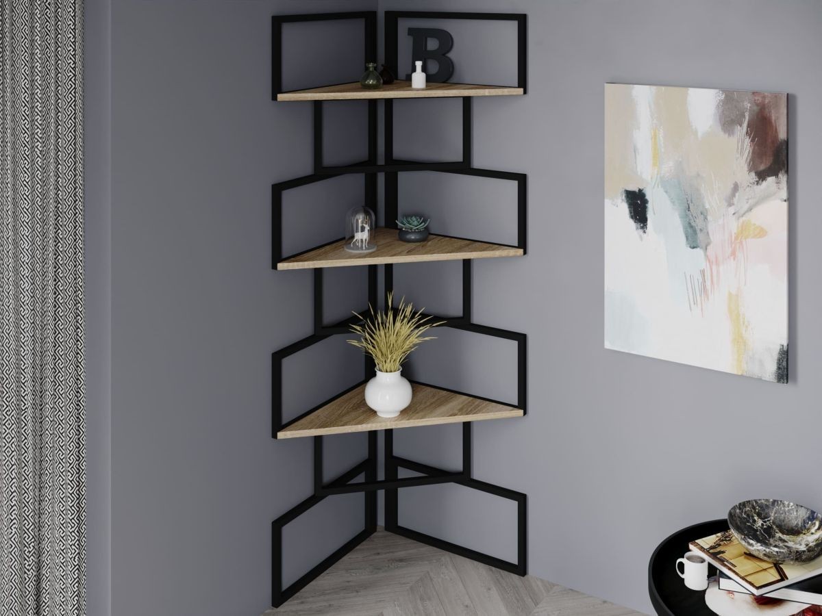 

Стеллаж угловой с металлическим каркасом в стиле Лофт (Loft) DrevoGoods усиленный, напольный (пристенный) для дома и офиса с 3 полками для книг и вещей 520x1760x520мм; металл: Черный; дерево: Дуб Сонома