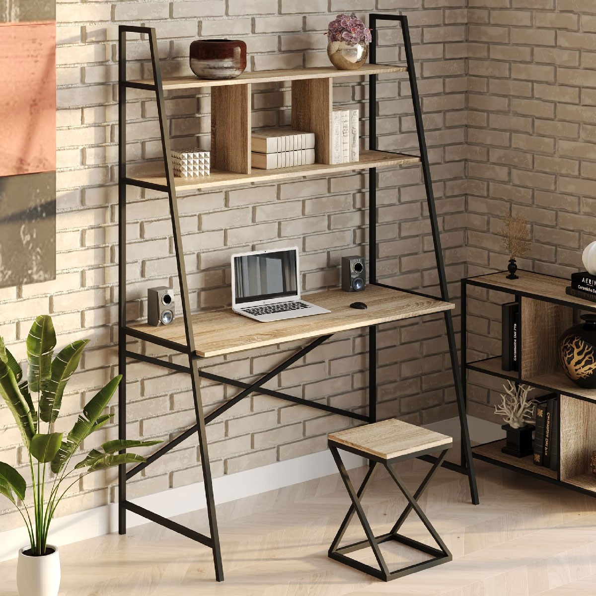 

Стол компьютерный письменный с металлическим каркасом в стиле Лофт (Loft) DrevoGoods усиленный, прямой, рабочий для дома и офиса 1600х1800х600мм; металл: Черный; дерево: Дуб Сонома + стеллаж с полками + табурет