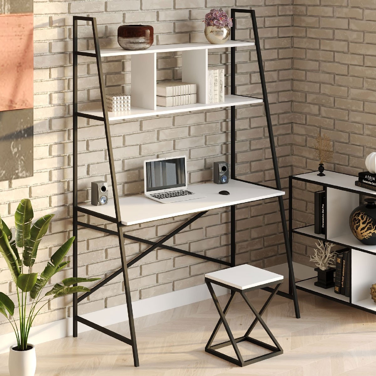 

Стол компьютерный письменный с металлическим каркасом в стиле Лофт (Loft) DrevoGoods усиленный, прямой, рабочий для дома и офиса 1200х1800х600мм; металл: Черный; дерево: Белый + стеллаж с полками + табурет