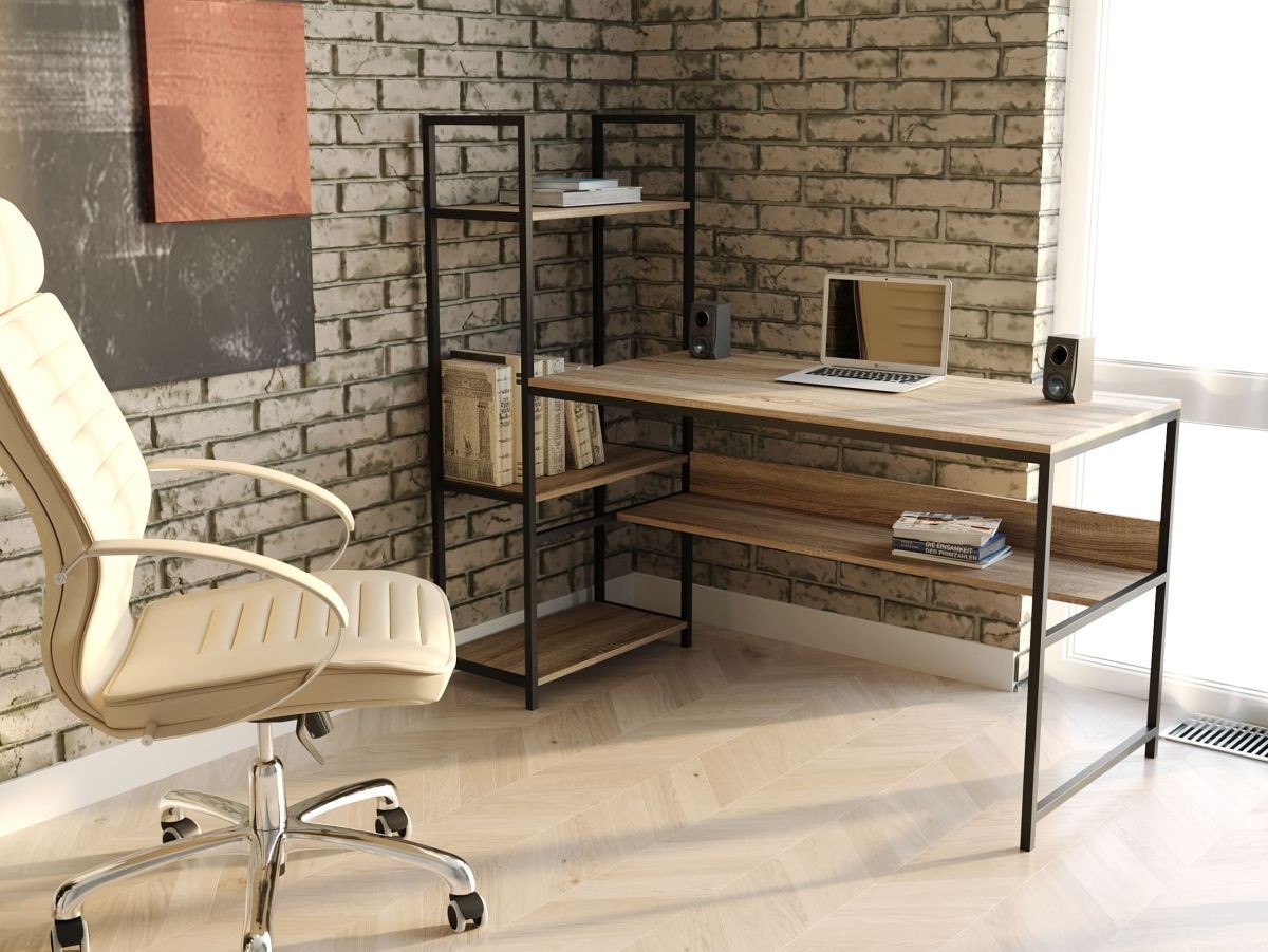 

Стол компьютерный письменный с металлическим каркасом в стиле Лофт (Loft) DrevoGoods с полкой под системный блок усиленный, прямой, рабочий для дома и офиса 1600х750х600мм; металл: Черный; дерево: Аликанте темный + стеллаж