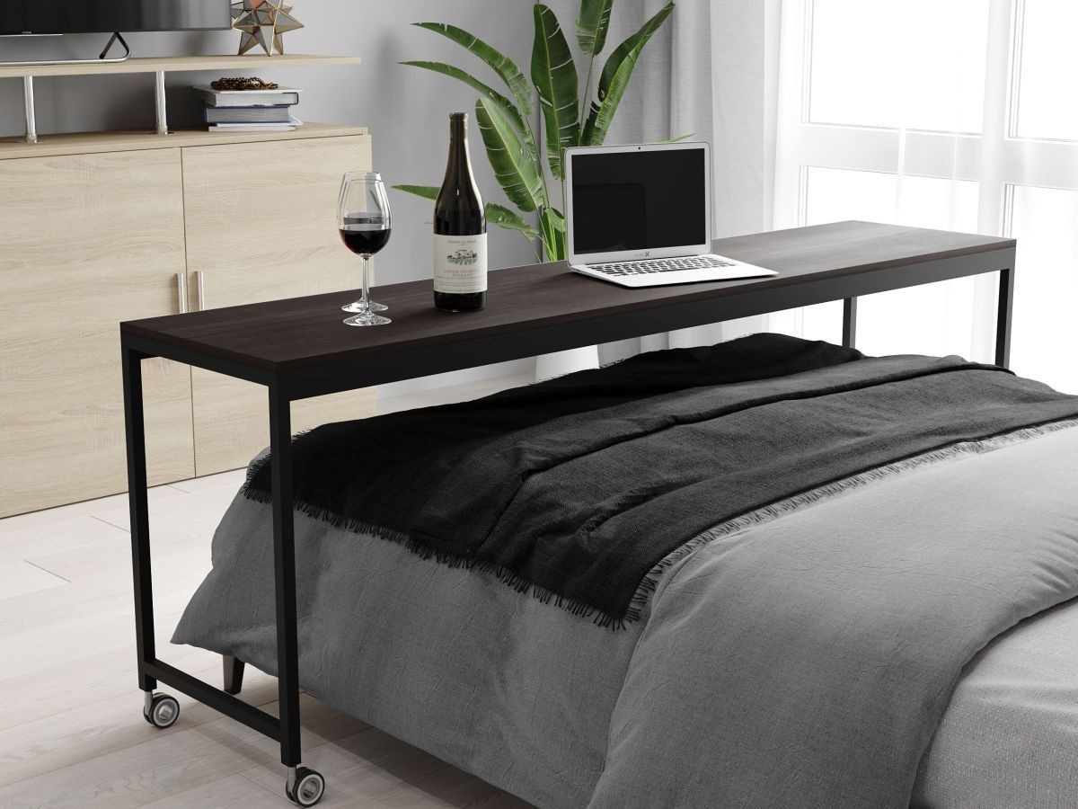 

Приставной прикроватный обеденный стол на колесиках с металлическим каркасом в стиле Лофт (Loft) от производителя DrevoGoods для ноутбука или сервировки в спальню, гостиную, кухню 1950x685x400мм; металл: Черный, дерево: Венге