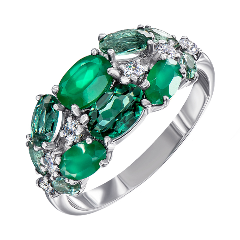 

Серебряное кольцо с агатом, зеленым кварцем и фианитами 000137512 18.5 размера