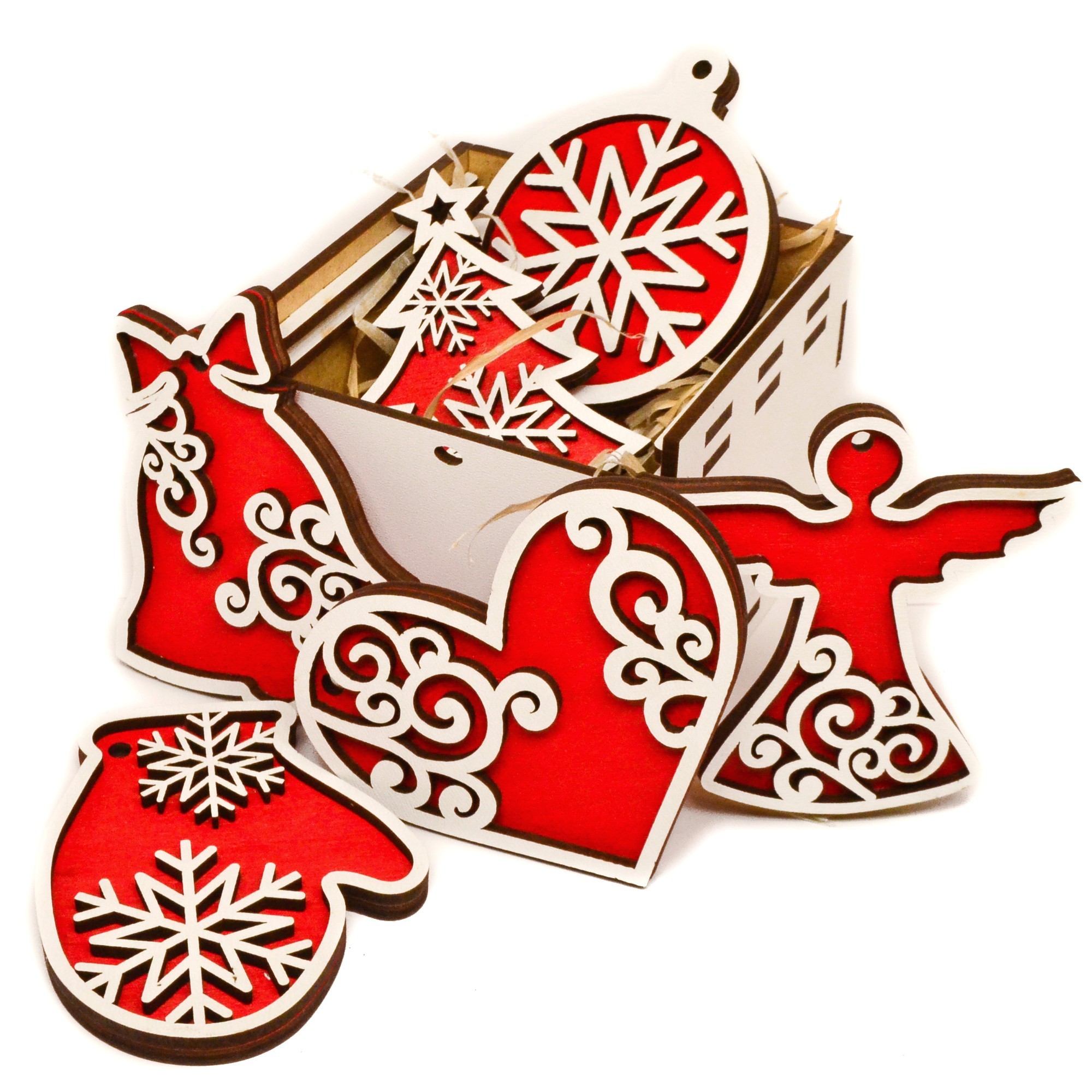 

Подарочный Набор "Очаровательный" 6 шт Красно-Белые Елочные Игрушки в Деревянной Коробке Новогоднее Украшение