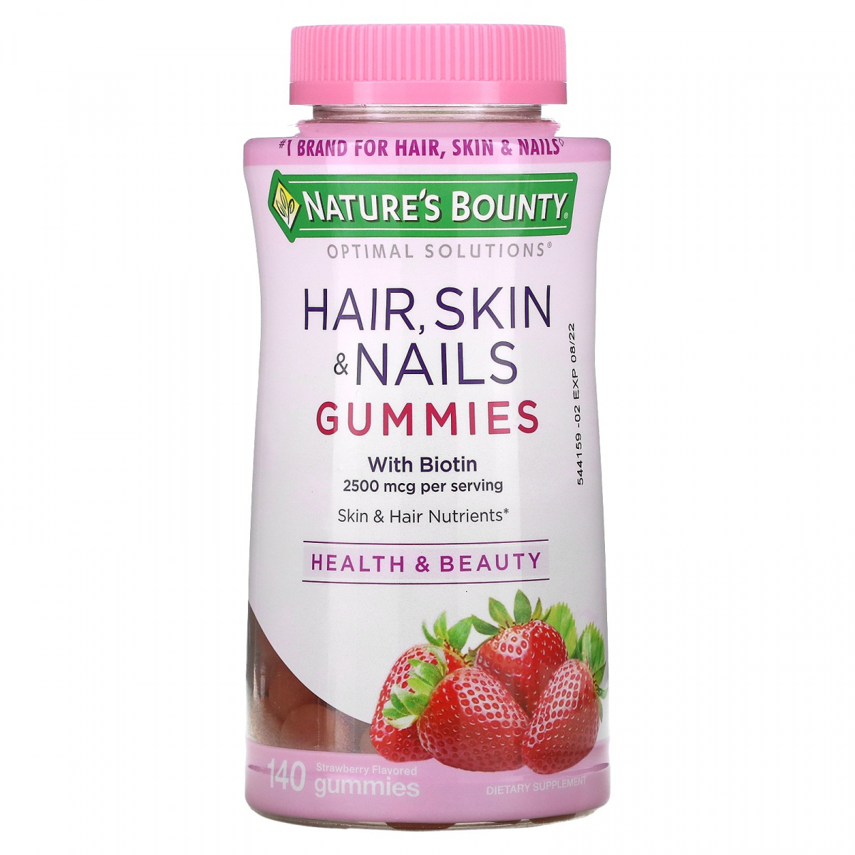 

Витамины для волос и кожи и ногтей клубника Nature's Bounty (Solutions Hair Skin & Nails Gummies) 2500 мкг 140 жевательных конфет