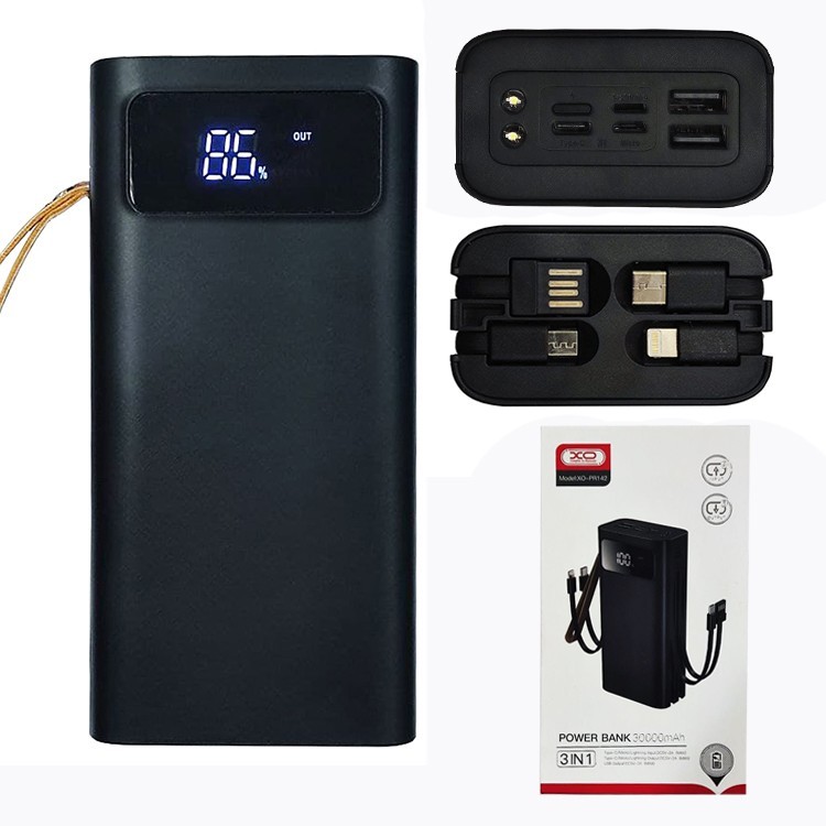 

Внешний аккумулятор Power Bank XO PR142 30000mAh с кабелями Micro Lightning Type-C USB cable Led Индикатор