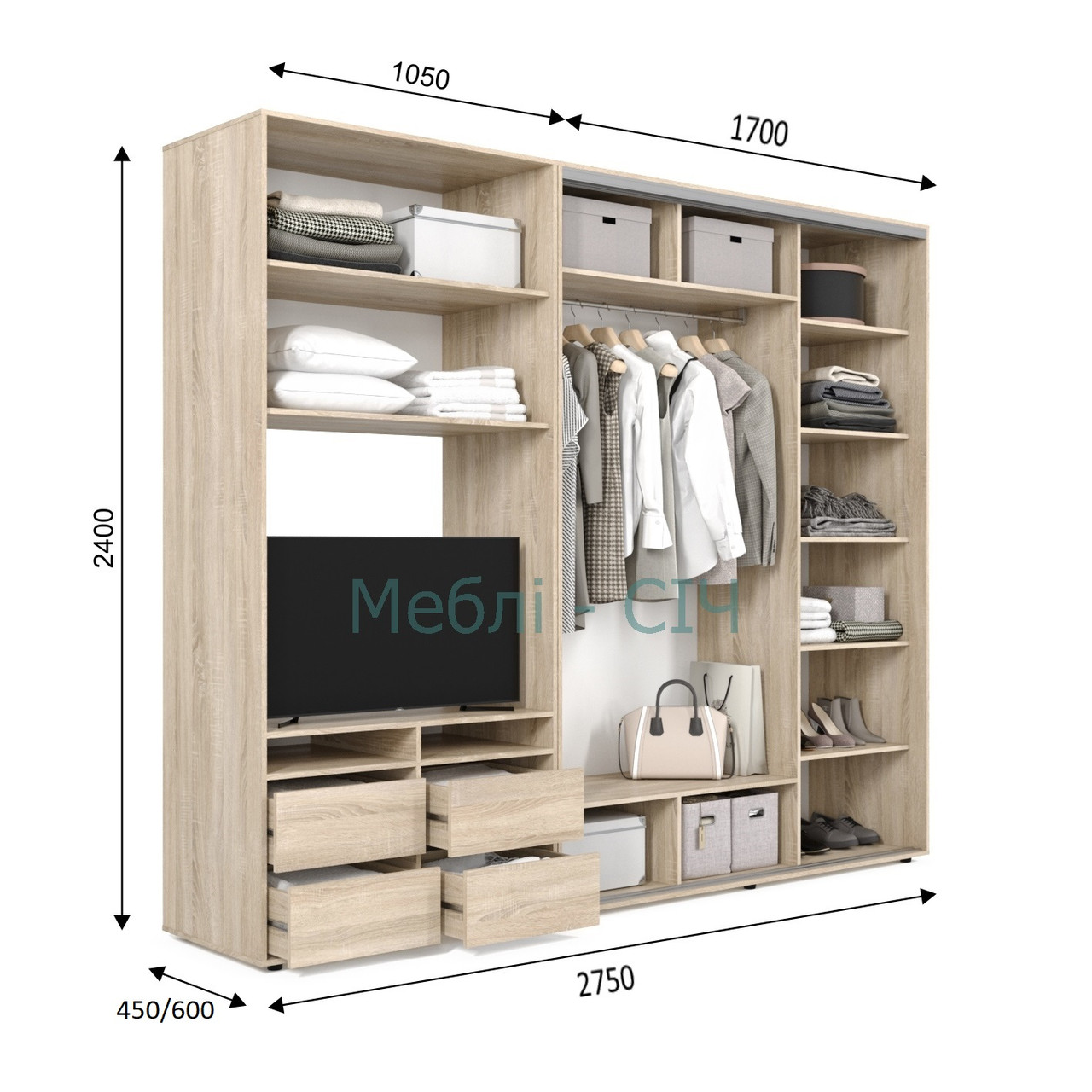 

Шкаф купе под ТВ Мебель Сич ШКТВ-1/275 (2750х600х2400) Дуб Молочный