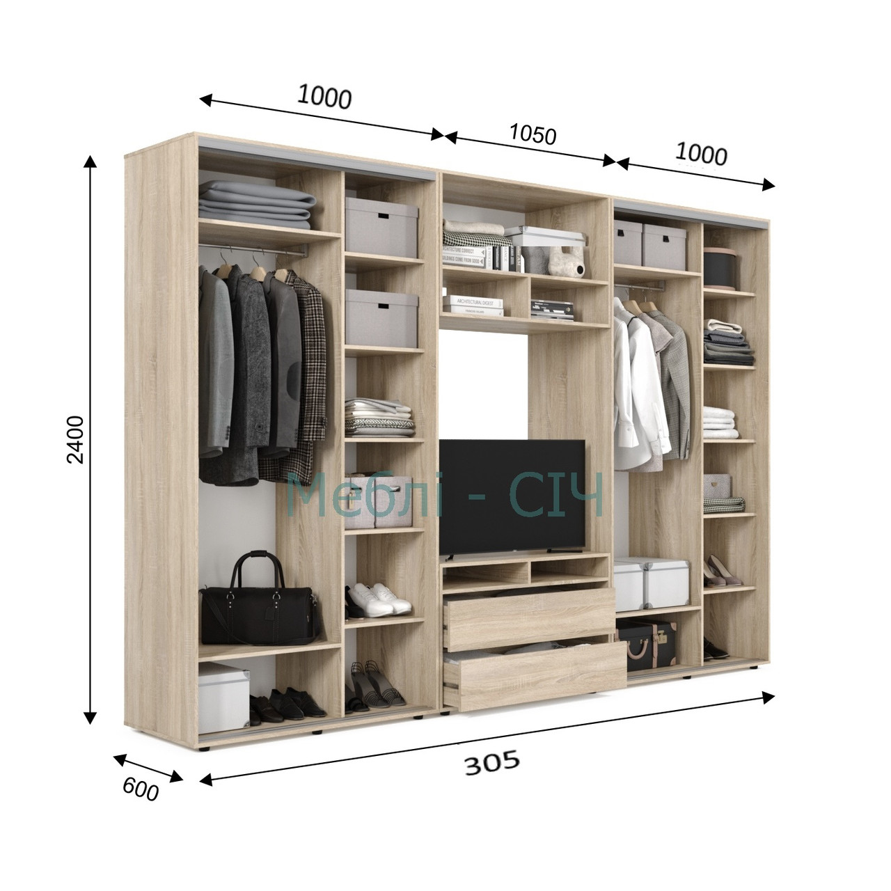 

Шкаф купе под ТВ Мебель Сич ШКТВ-5/305 (3050х450х2400) Дуб Крафт Белый