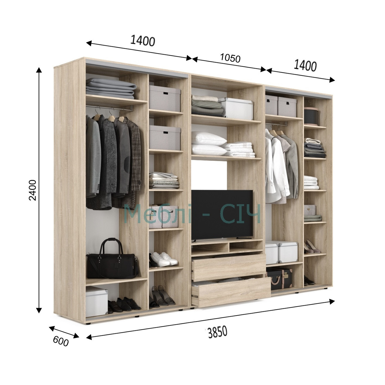 

Шкаф купе под ТВ Мебель Сич ШКТВ-3/385 (3850х600х2400) Дуб Молочный