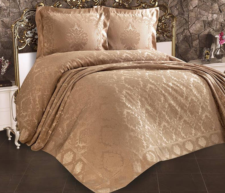 

Винтажное жаккардовое покрывало Alara Venus 240х260см с 2 наволочками 60х80см капучино