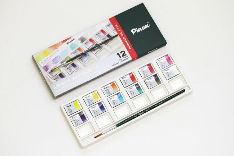 

Набір акварельних фарб Pinax 12 кольорів в кюветах "Основна палітра" + 6 кювет + кисть PWC2512+6/PP-P-5CR