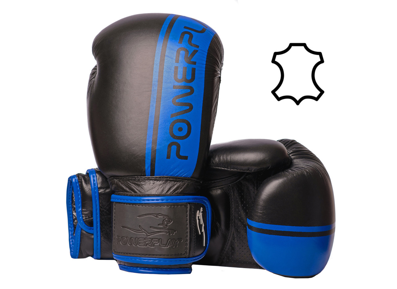 

Боксерские перчатки PowerPlay 3022 кожа Black-Blue 12 унций