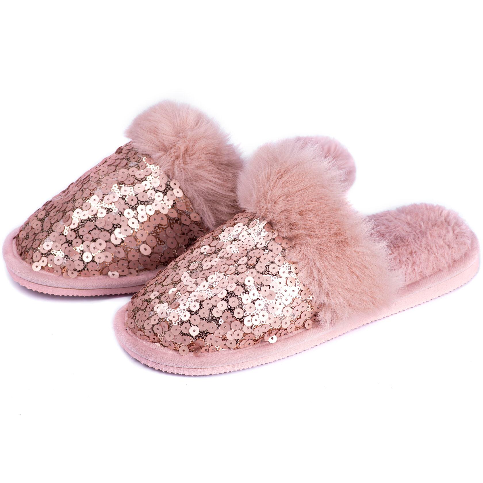 

Капці домашні жіночі HS-LUX паєтки/хутро TWINS 6108 38-39 пудра
