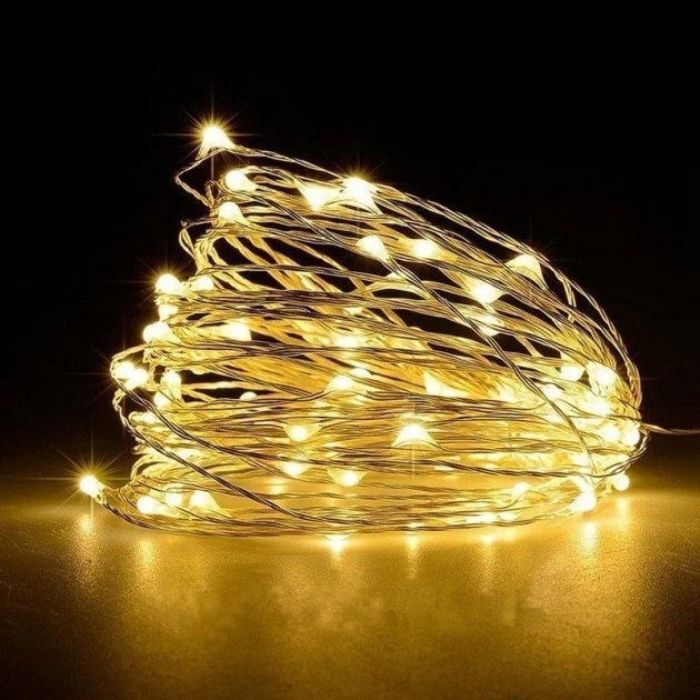 

Гирлянда нить светодиодная капля росы String Light 100 LED 10 м на батарейках (АА 3 шт) золотая