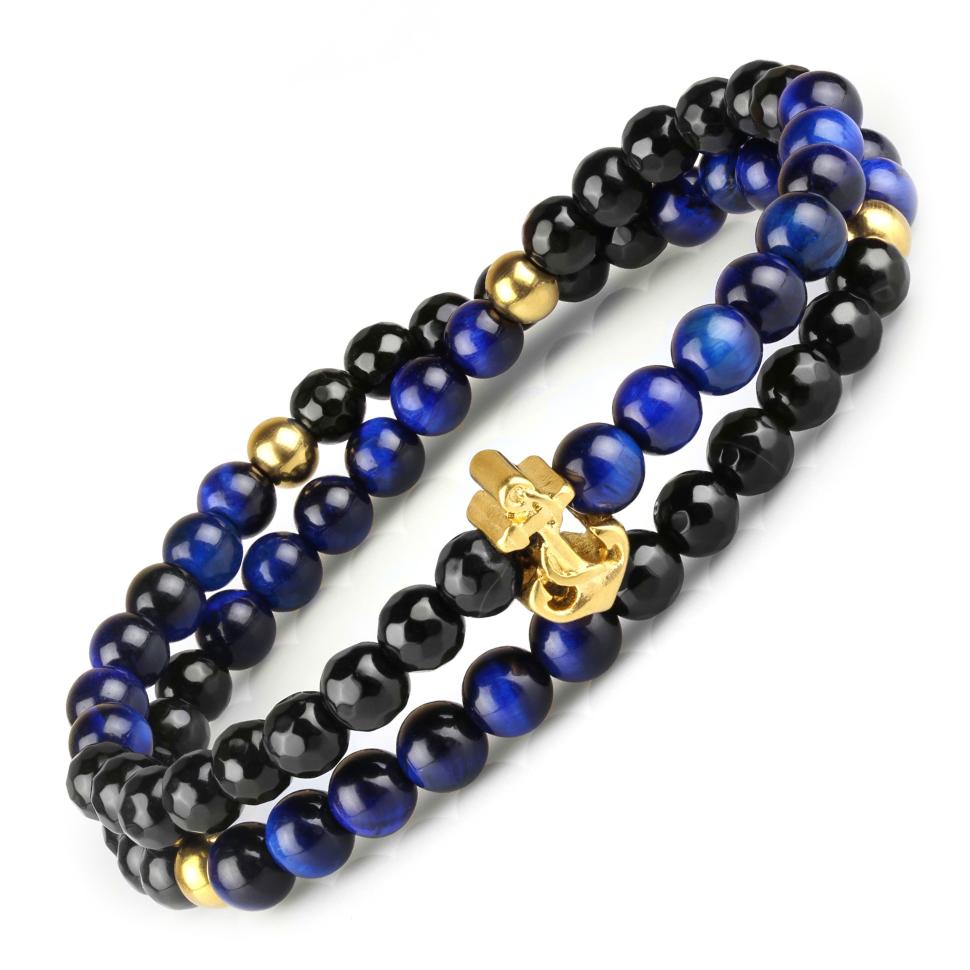 

Браслет в два оборота из агата и камня тигровый глаз на резинке с якорем Everiot Select LNS-2095 (Размер 14 см)