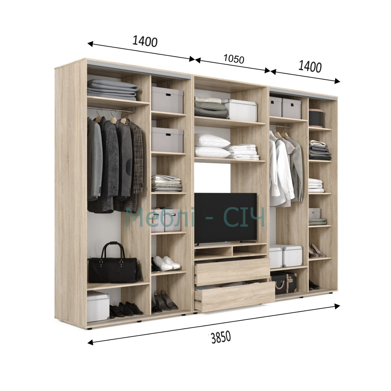 

Шкаф купе под ТВ Мебель Сич ШКТВ-3/385 (3850х450х2200) Дуб Молочный