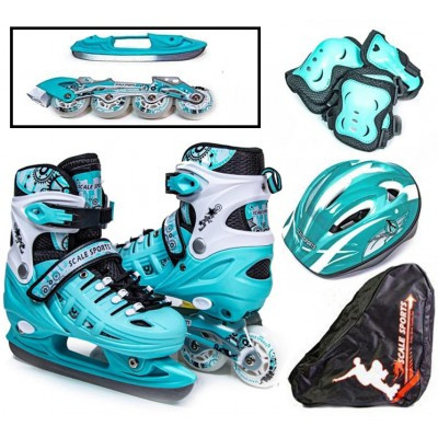 

КОМПЛЕКТ Ролики-Коньки 2В1 SCALE SPORT MINT, размер 34-37 колёса+лезвия для льда, защита рук ног шлем