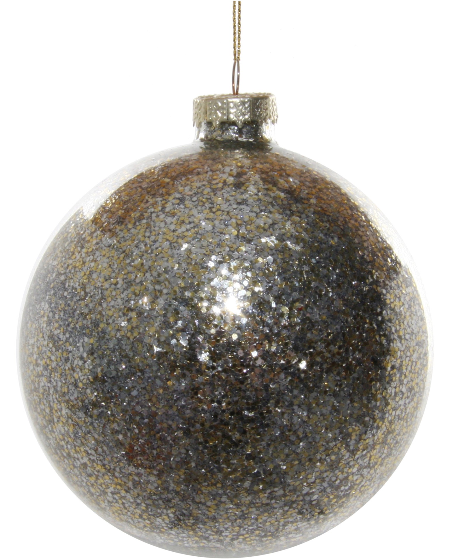 

Стеклянный новогодний шар Shishi блестящий 10 см Серебряно-золотой (54759) (4741293547594)