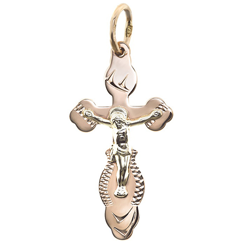 

Золотой крестик Благостный в комбинированном цвете на вытянутой фигурной основе с насечками 00004638