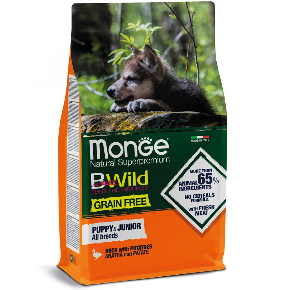 

Корм для щенков Monge Вwild grain free Puppy & Junior утка 15 кг (70006392)