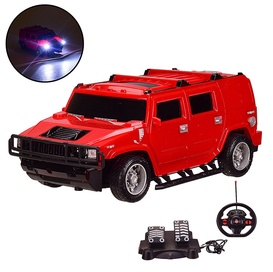 

Машинка джип Hummer на пульте управления с педалями JY Toys, Радиоуправляемая модель 2 пульта (Руль + Педали), светятся фары, 1:16, 27 см, красная