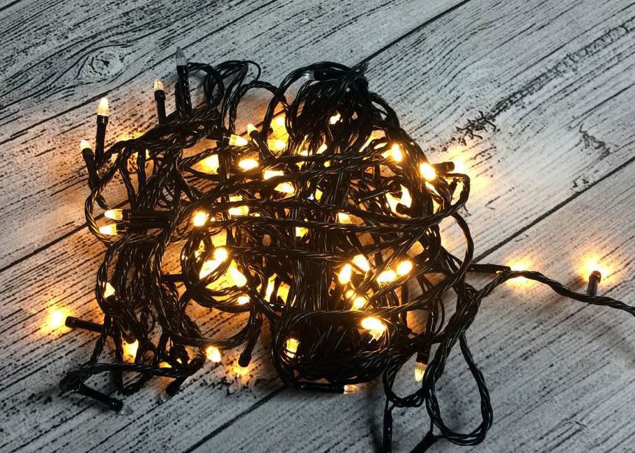 

Гирлянда чёрный шнур 300 Led конусные лампочки, золото