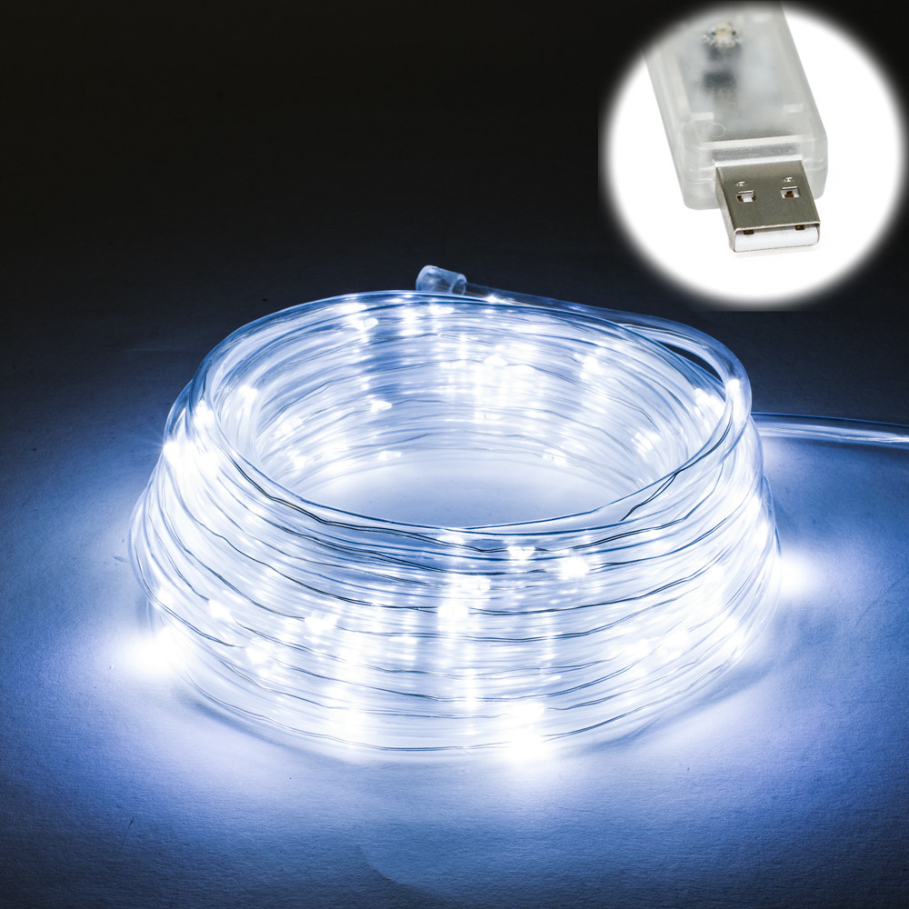 

Уличная светодиодная гирлянда роса нить 100 LED, 9 м холодный белый дюралайт от USB (629765)