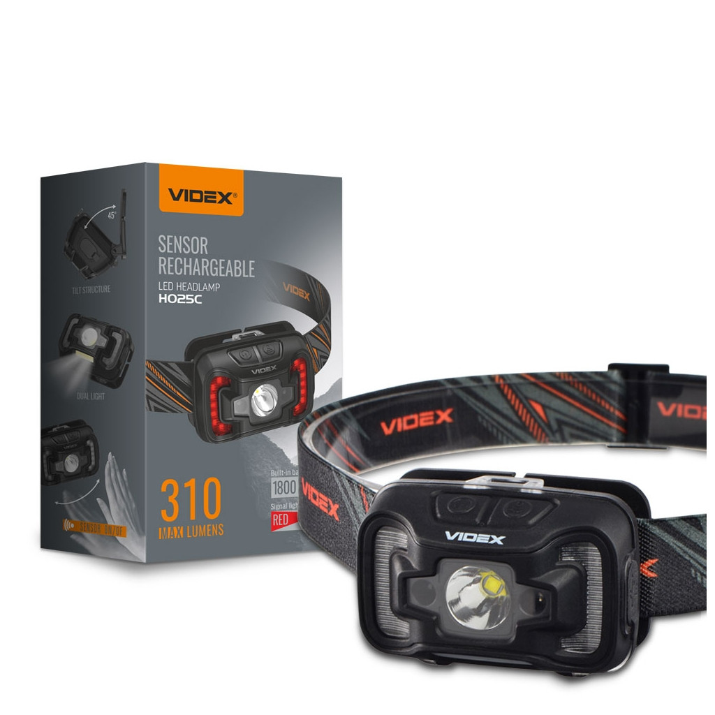 

Фонарь налобный сенсорный Videx VLF-H025С, аккумулятор 1800mAh, microUSB 5000K