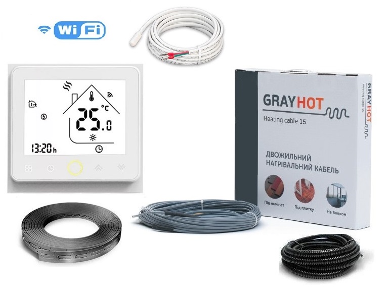 

Тепла підлога нагрівальний двожильний кабель Gray Hot Heating 81м. 1219Вт з програмованим сенсорним WiFi терморегулятором в комплекті(VIT567385)