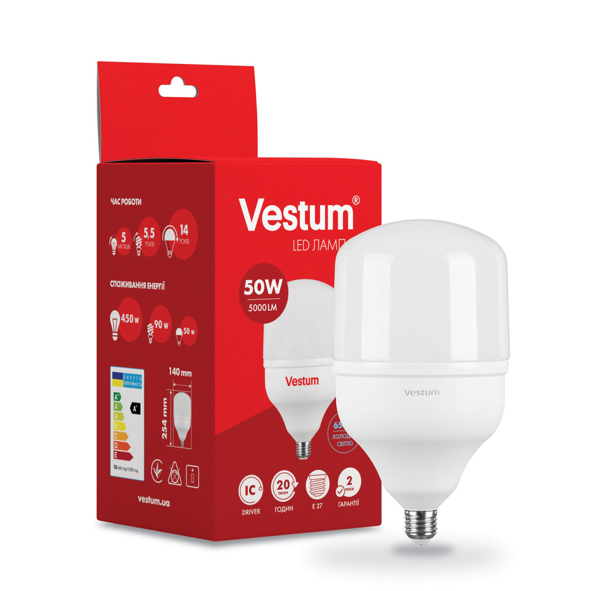 

Светодиодная высокомощная лампа Vestum T140 50W 6500K 220V E27 1-VS-1604