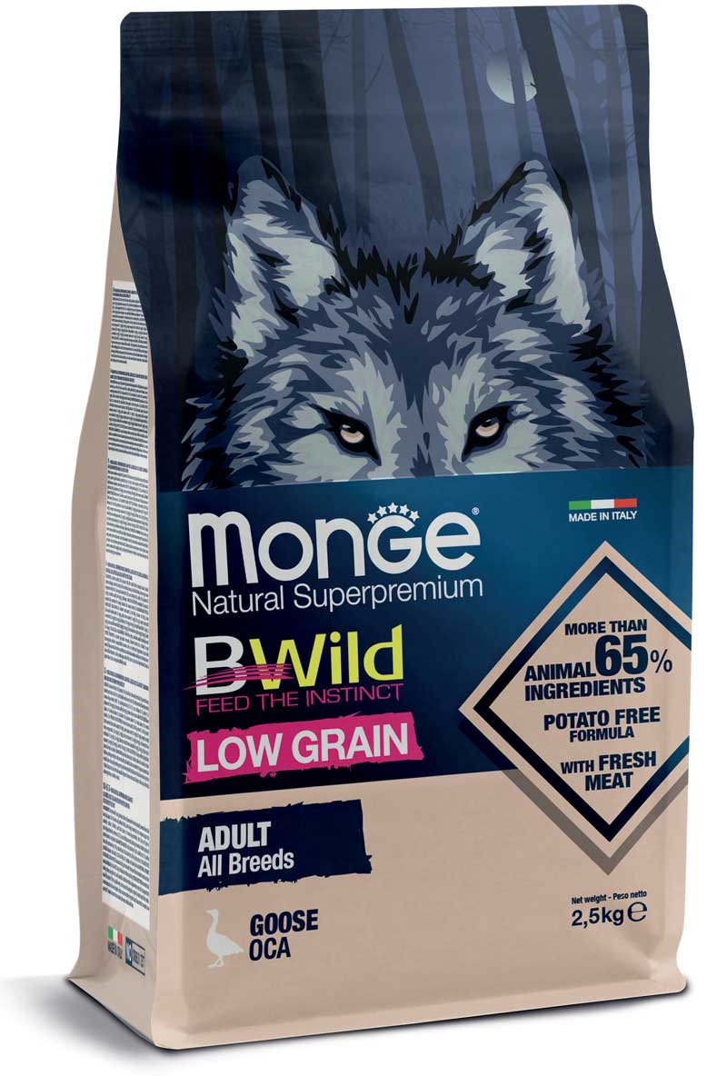 

Сухой корм Monge Dog Bwild Low Grain Goose для взрослых собак всех пород с гусем 2.5 кг