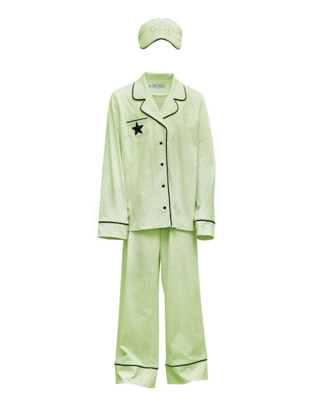 

Детская пижама для девочки Mone kids штаны рубашка на пуговицах и повязка на глаза фисташковый в горошек р.158