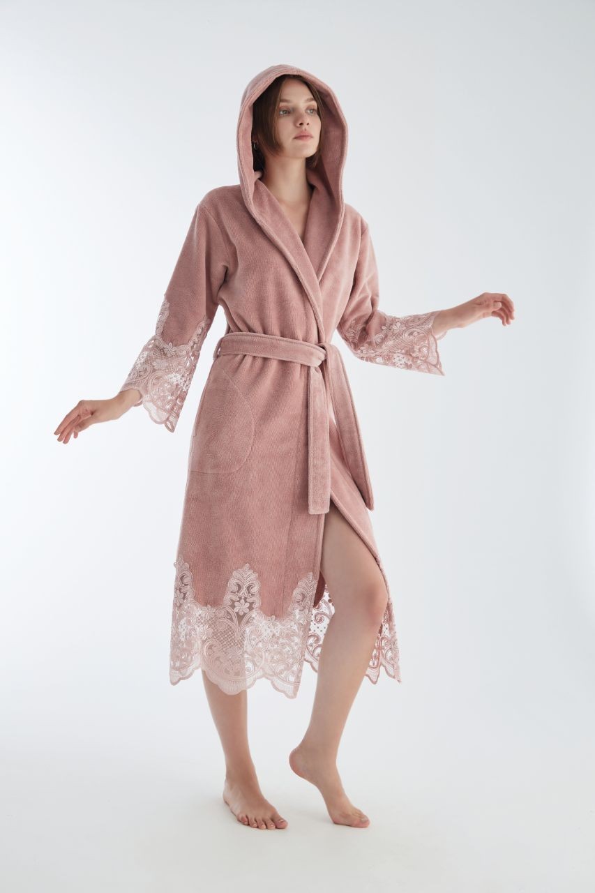 

Женский халат на запах с капюшоном махровый NUSA 4150  пудровый, Женский халат на запах с капюшоном махровый NUSA 4150 XL пудровый