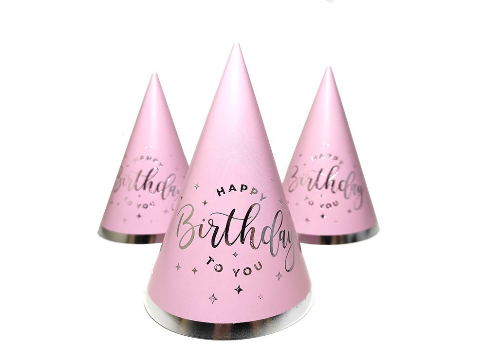 

Колпачки бумажные розовые с серебром праздничные Happy Birthday 5 шт