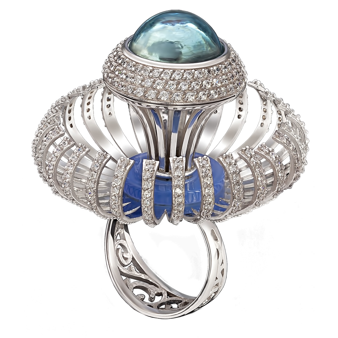 

Золотое кольцо с голубым топазом, агатом и фианитами Tango Jewellery Company 370659В размер 17