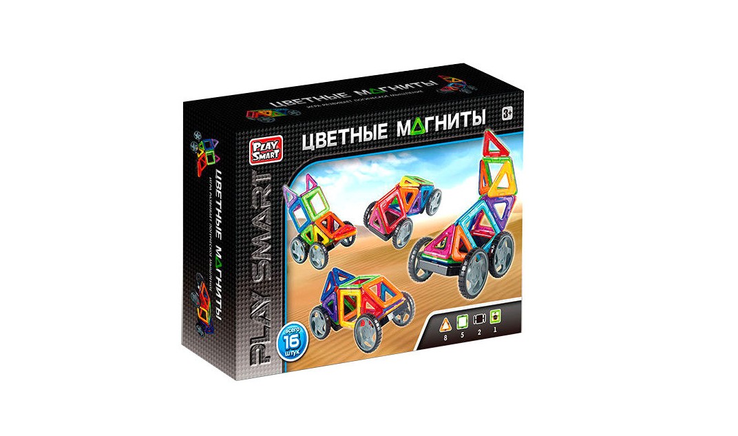 

Конструктор магнитный PLAY SMART Цветные магниты с колесами 16 деталей 2426